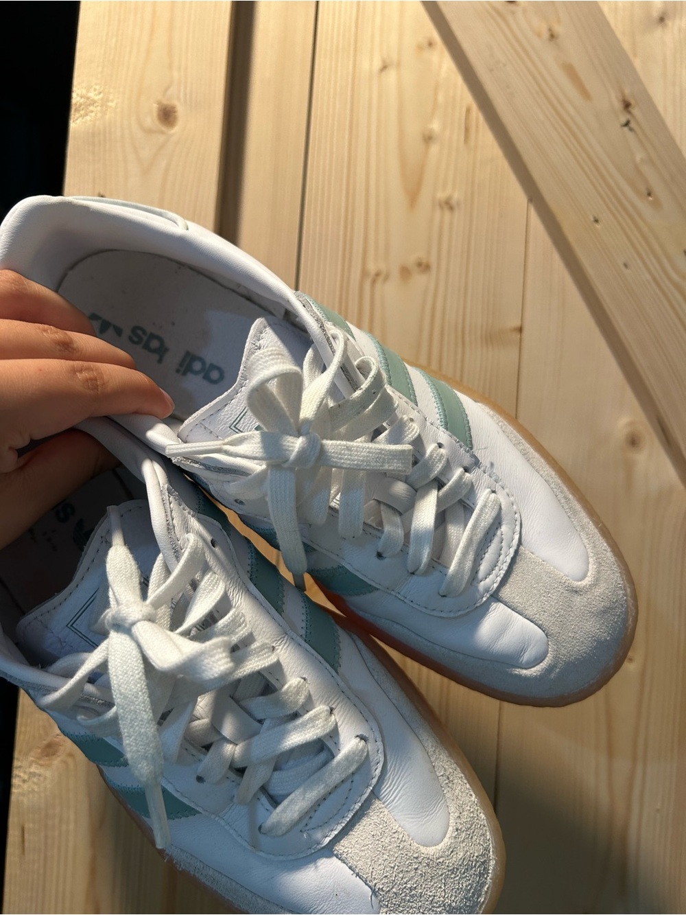 adidas samba Women’s White Sneakers with Light Green Stripes and Gum Platform - Picture 5 of 10